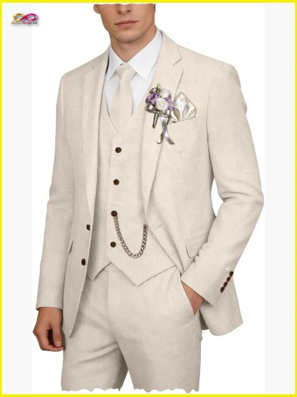 Retro Slim Fit Linen Suit Set 3 Piece Blazer Vest Pants Formal Casual